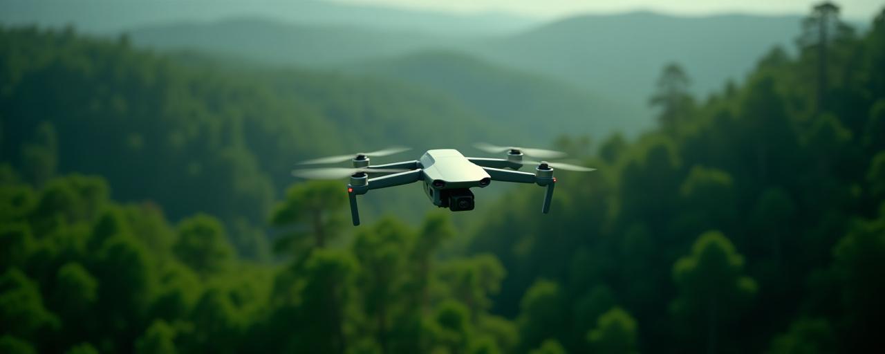 En högteknologisk drönare som flyger över en tät, orörd skog för miljöövervakning och kartläggning.