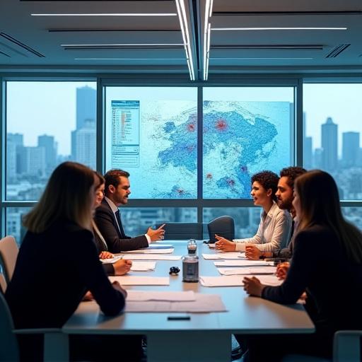 Ett team av professionella från Azimut Resurs som diskuterar ett projekt runt ett bord med kartor och skärmar, fokus på samarbete och kartanalys.